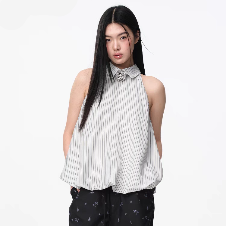 JAC FLEURANT2025春夏新品条纹立体花朵无袖松紧女士上衣背心女装