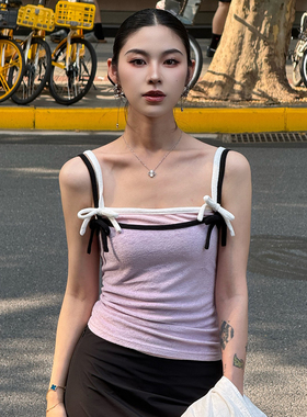 LOOSINGWHITE设计师25夏秋甜美小吊带棉质修身无袖背心紫色粉色女