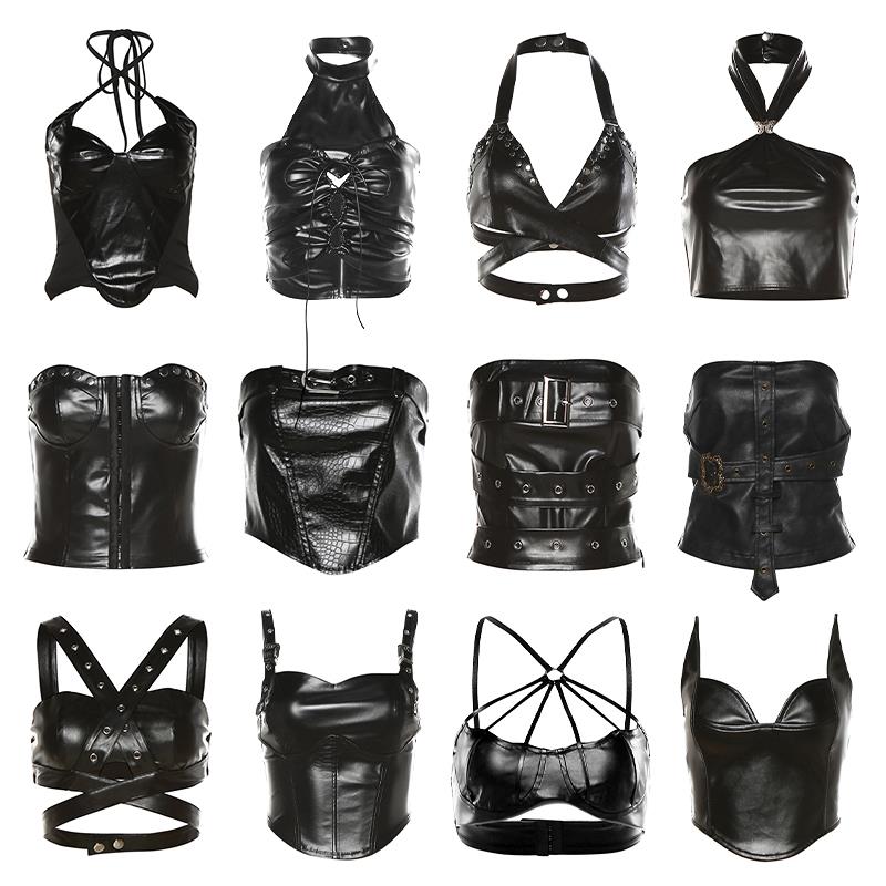 欧美辣妹性感吊带背心女外穿内搭pu皮爵士舞jazz女团风抹胸短上衣