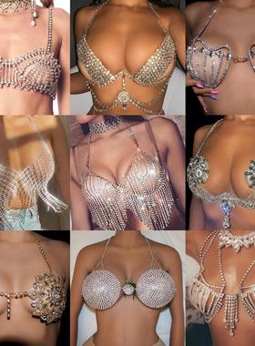 夜店比基尼闪钻亮钻石流苏胸链网状豪华水钻身体链文胸托胸罩饰品