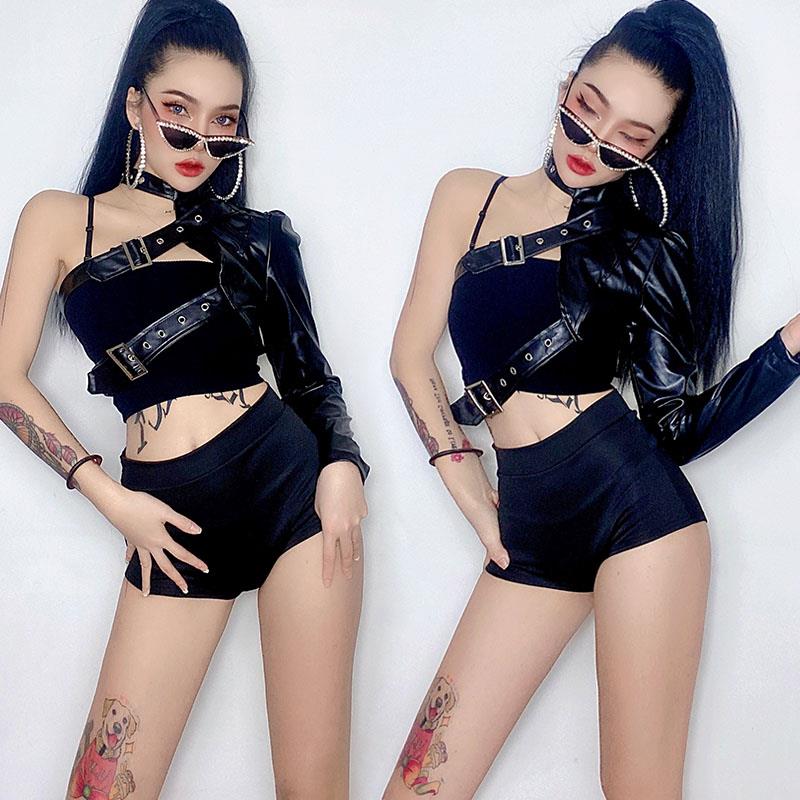 新款酒吧gogo服装DS领舞服性感女团爵士舞台打歌演出服单袖皮外套