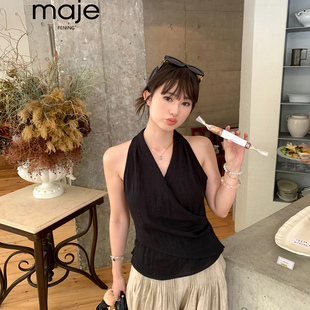 高端定制 上衣高级感女夏收腰系带 清淡挚爱 V领黑色挂脖背心无袖