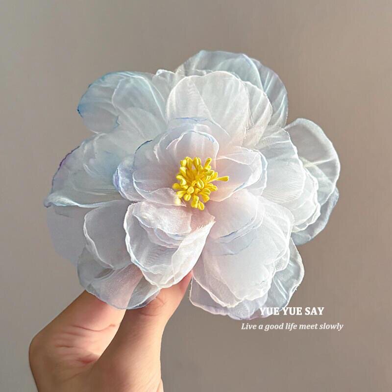 袅袅芳华 原创新中式复古手工烫花发夹子 超仙花朵绢纱发卡侧边夹