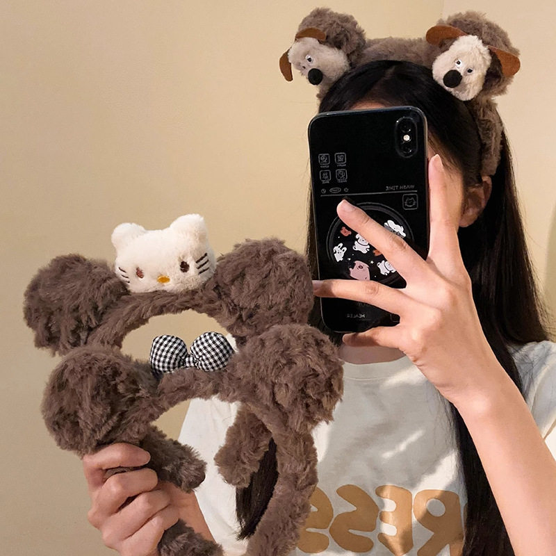 可爱咖色Kitty毛绒耳朵发箍女秋冬卡通百搭洗脸压发化妆头箍头饰