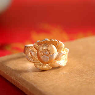 时尚通勤指环足银999.9牡丹花戒指开口描金简约女食指戒