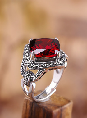 通体纯银戒指开口设计复古民族风大宝石石榴石指环