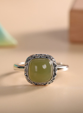 s925银和田青玉戒指小方糖祥云花边开口指环文艺复古手饰