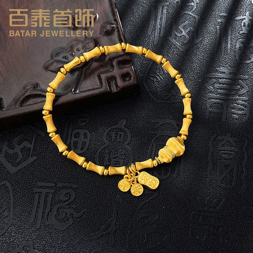百泰古法足金999黄金手链招财纳福平安牌葫芦竹节弹力绳手串手环