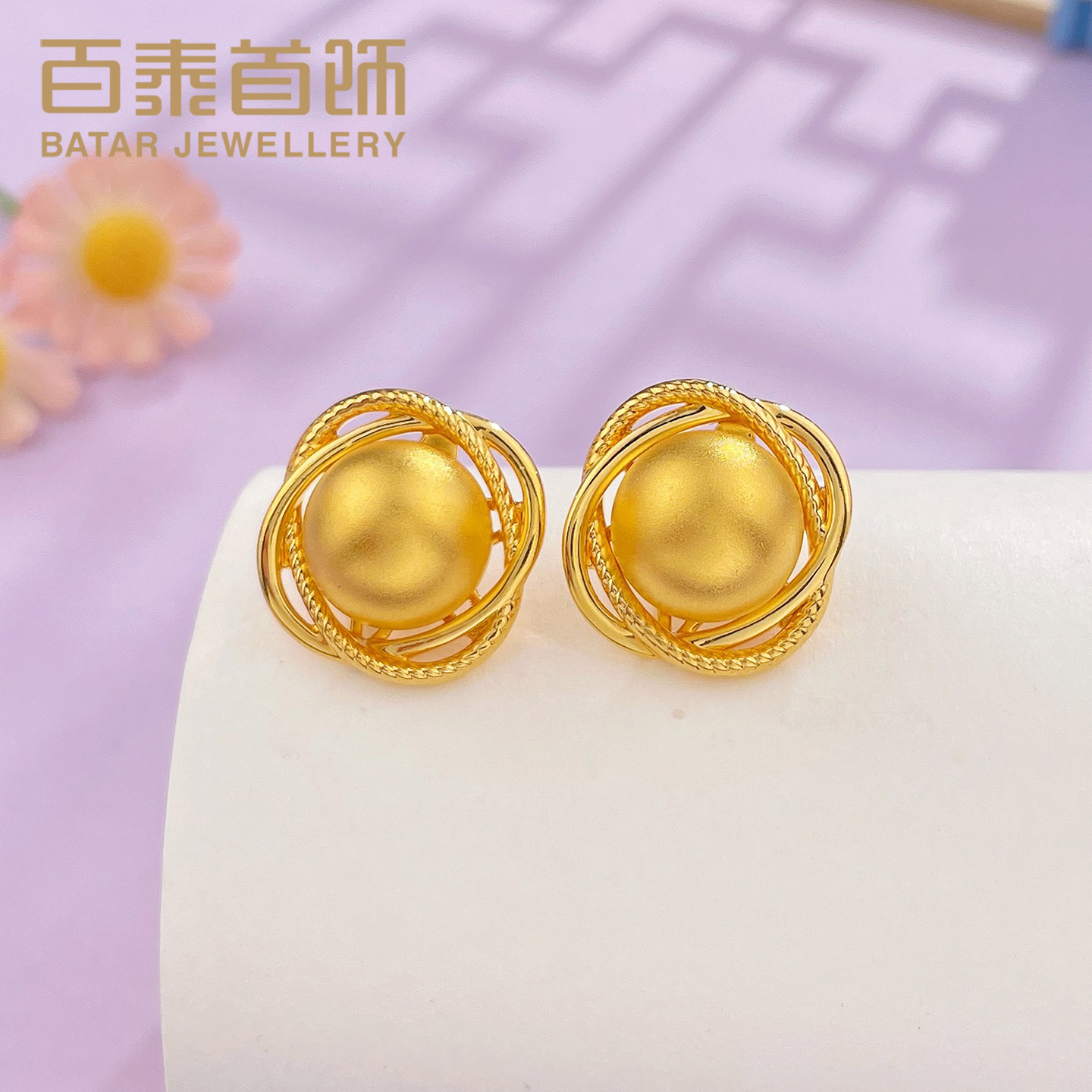 百泰古法砂纽扣黄金耳钉足金复古金珠耳丁时尚耳饰生日礼物耳环女