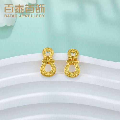 百泰首饰足金999耳钉女爆闪碎碎冰车花马蹄铁黄金耳环养耳棒耳饰