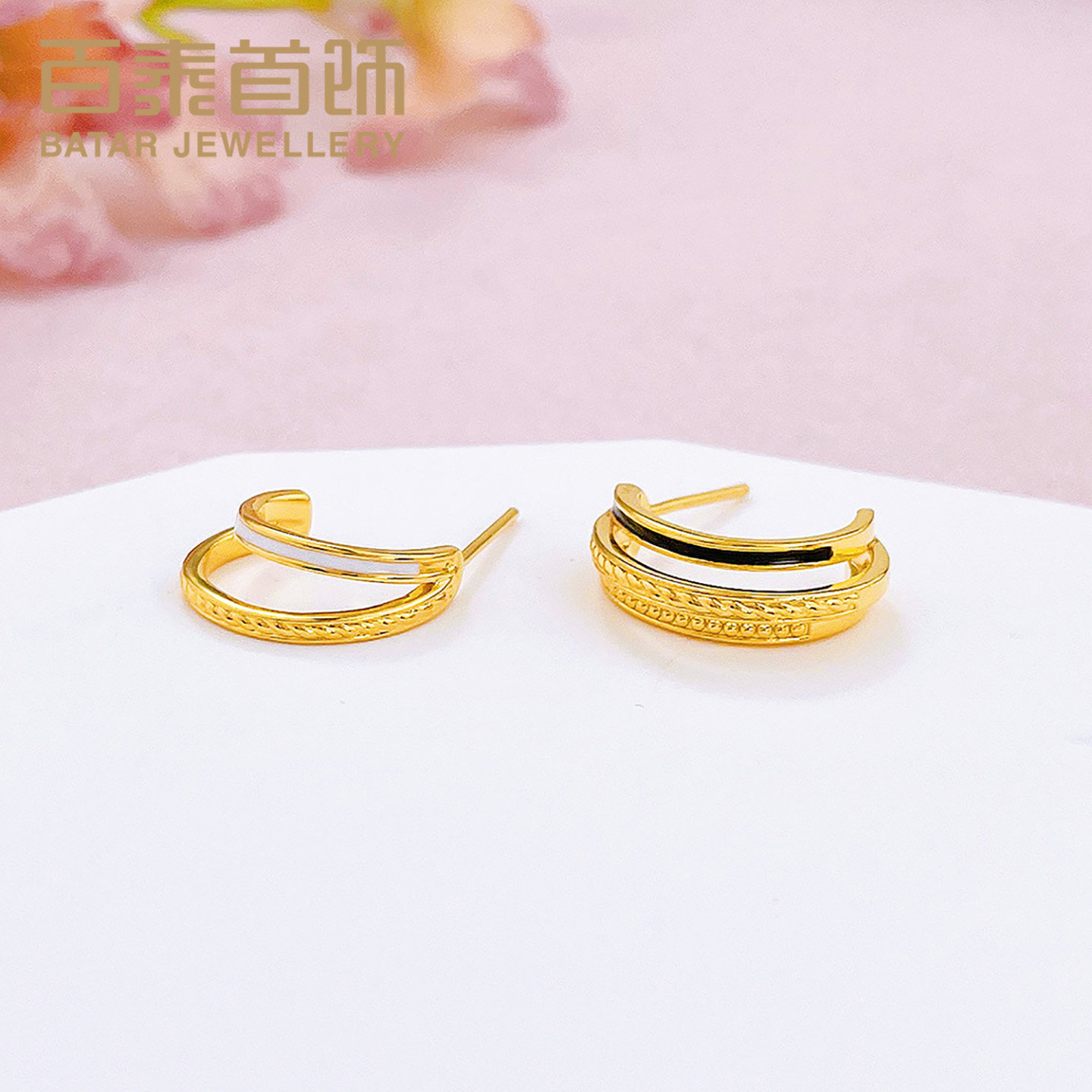 百泰首饰黄金耳钉女足金耳饰珐琅不对称环形月牙耳坠养耳棍生日礼