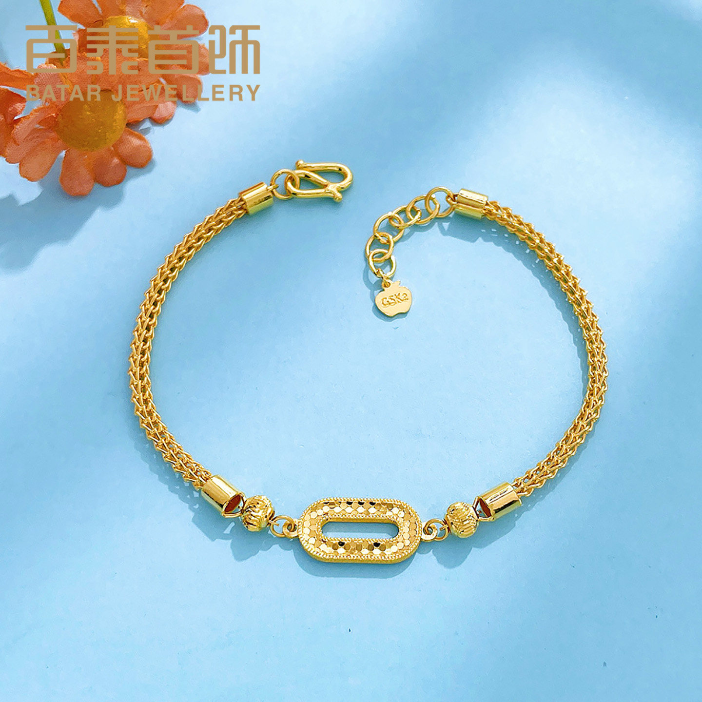 百泰首饰黄金手链女款足金999手串几何鱼鳞方环圆蛇骨链手环礼物