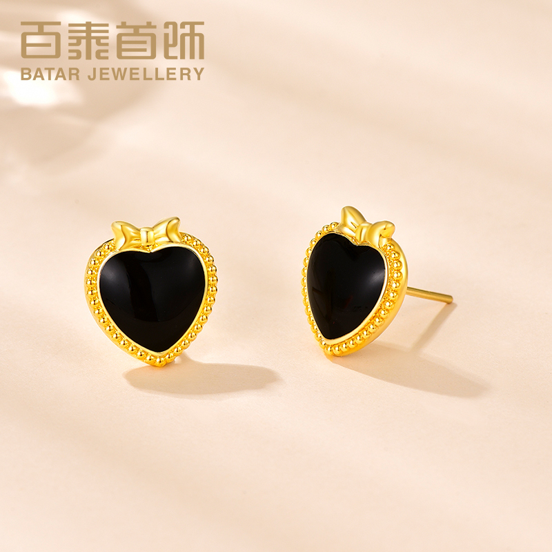 百泰爱心黄金耳饰足金耳钉女耳坠心形硬金珐琅桃心蝴蝶结耳环礼物