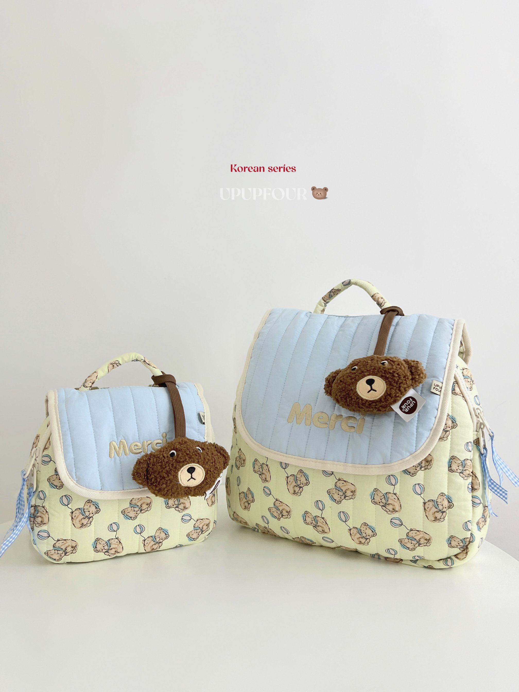 upupfour恩莉小熊|原创自制韩国多功能纯棉绗缝刺绣妈咪包亲子包