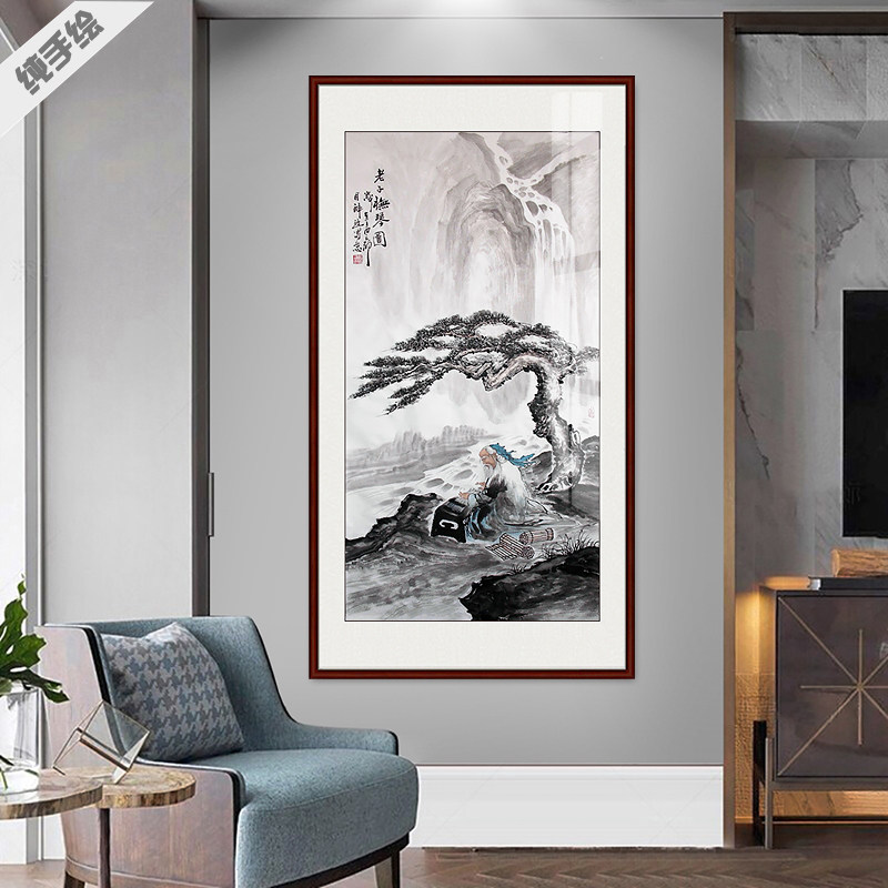纯手绘手工中国画真迹人物房间过道书房竖幅中堂画挂画老子抚琴图