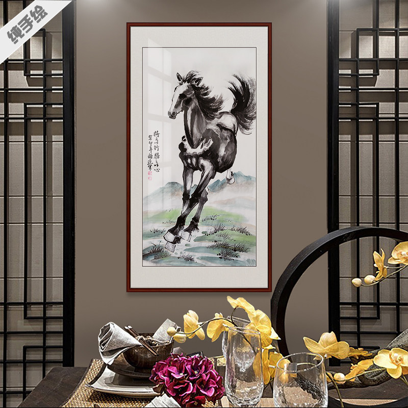 纯手绘手工专业国画真迹字画动物竖幅中堂仿徐悲鸿奔马骏马到功成