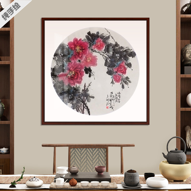 纯手绘手工国画仿古斗方牡丹国色