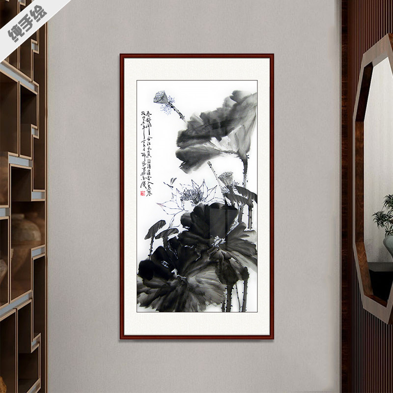 纯手绘专业国画写意花鸟字画玄关过道装饰画竖幅中堂黑白水墨荷花