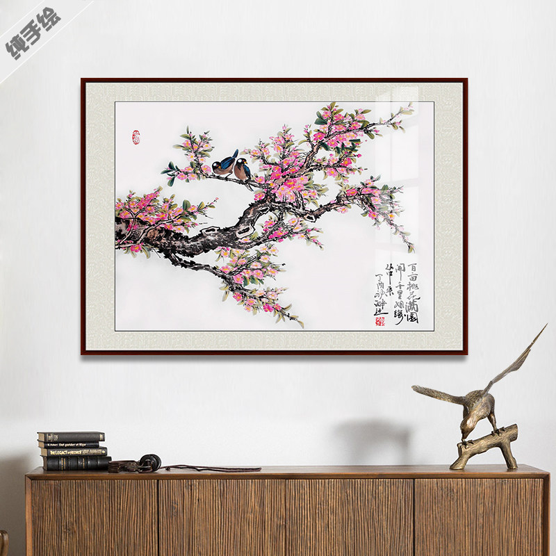 纯手绘手工国画真迹客厅玄关卧室床头办公室书画花鸟水墨桃花小鸟