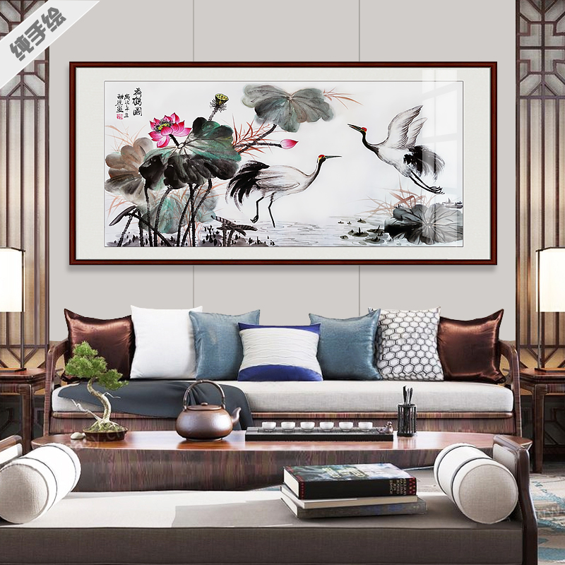 手绘国画花鸟画真迹字画客厅办公室横幅水墨写意荷花仙鹤荷鹤图