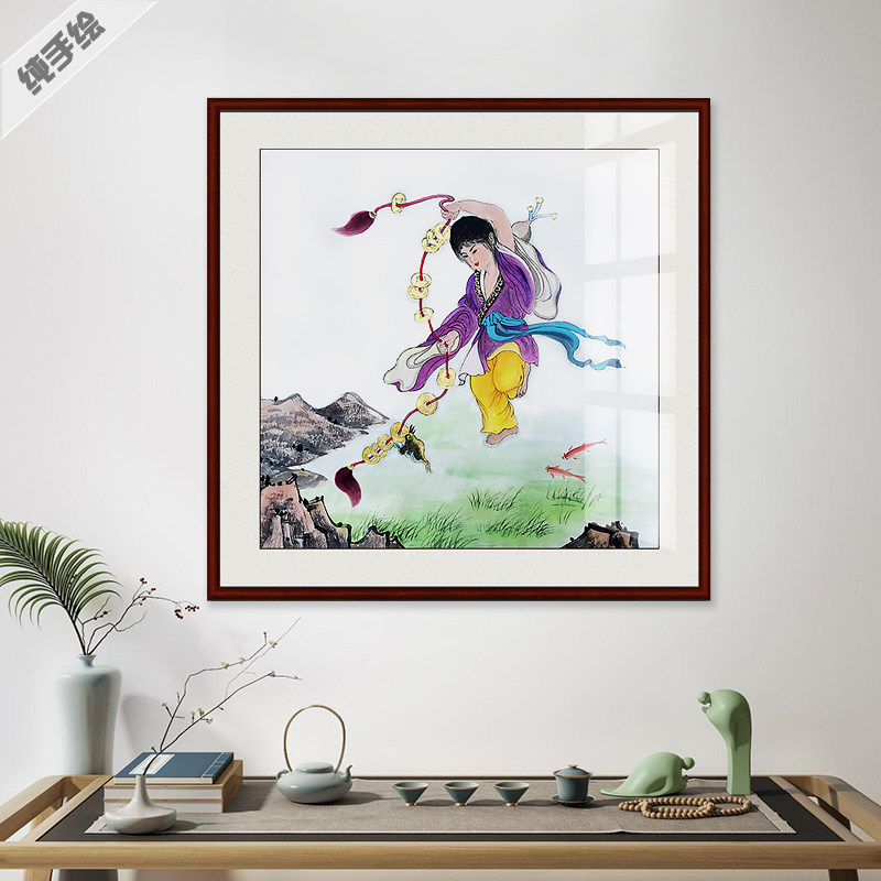 手绘中式国画人物装饰画玄关戏曲人物挂画壁画刘海戏金蟾唐代仕女