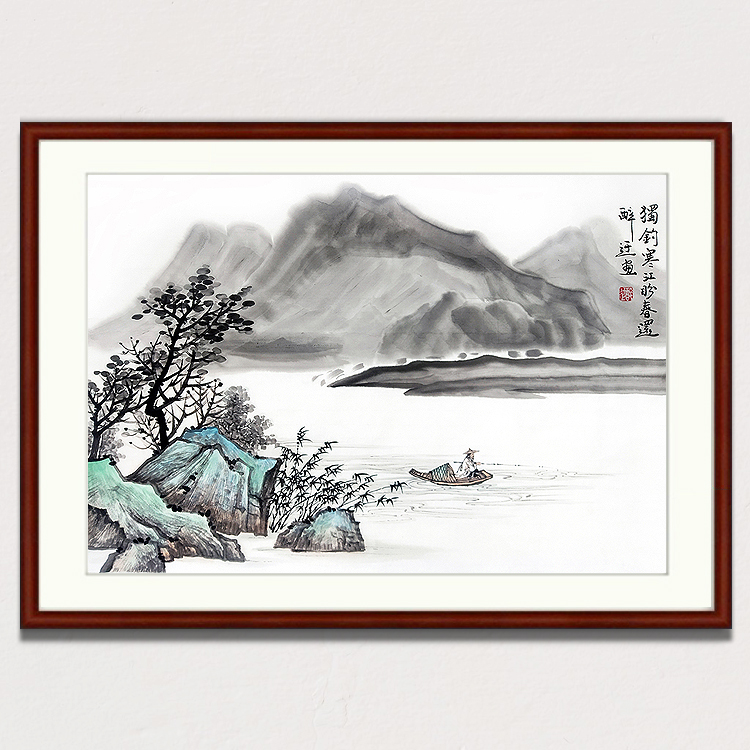 纯手绘山水画专业国画水墨画写意画鸿运当头旭日东升迎客松小品画