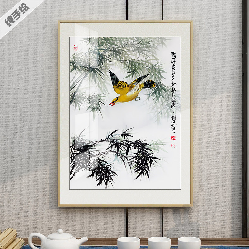 纯手绘国画细笔真迹专业精品挂画绿竹黄鹂桃花梅花松树玄关客厅画