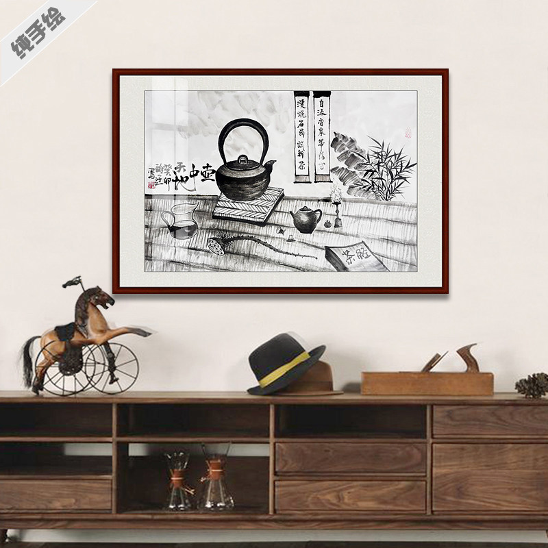 纯手绘手工画中国画水墨画书房茶室挂画静物画紫砂茶壶画壶中天地