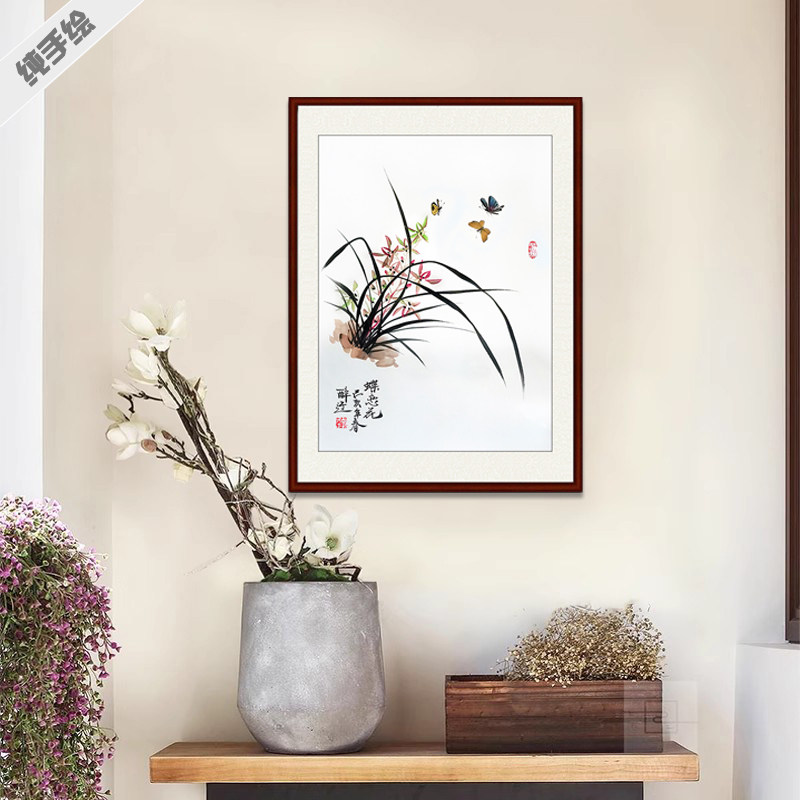 蝶恋花壁画手绘国画花鸟真迹办公室茶社酒店书房竖幅四尺三开兰花