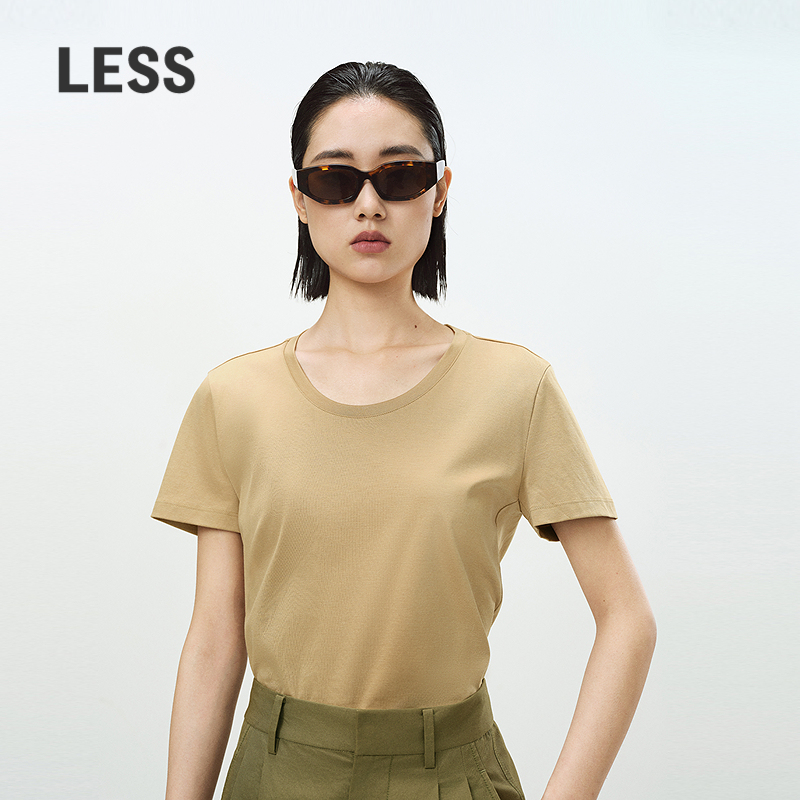 LESS夏基础款气质百搭简约大圆领露锁骨纯色内搭短袖T恤2O4114340