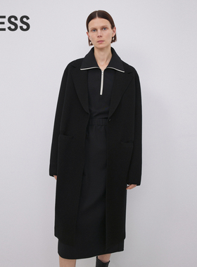 LESS冬季通勤简约黑色长款翻领羊毛呢大衣外套2N0312150