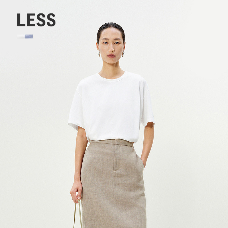 LESS夏季收腰设计感短袖T恤女全棉圆领休闲时尚上衣女2P611