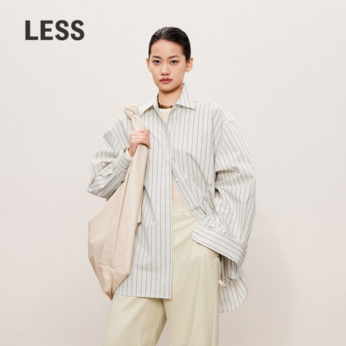 LESS休闲廓形时尚上衣男友风翻领长袖宽松条纹长袖衬衫2O9210240
