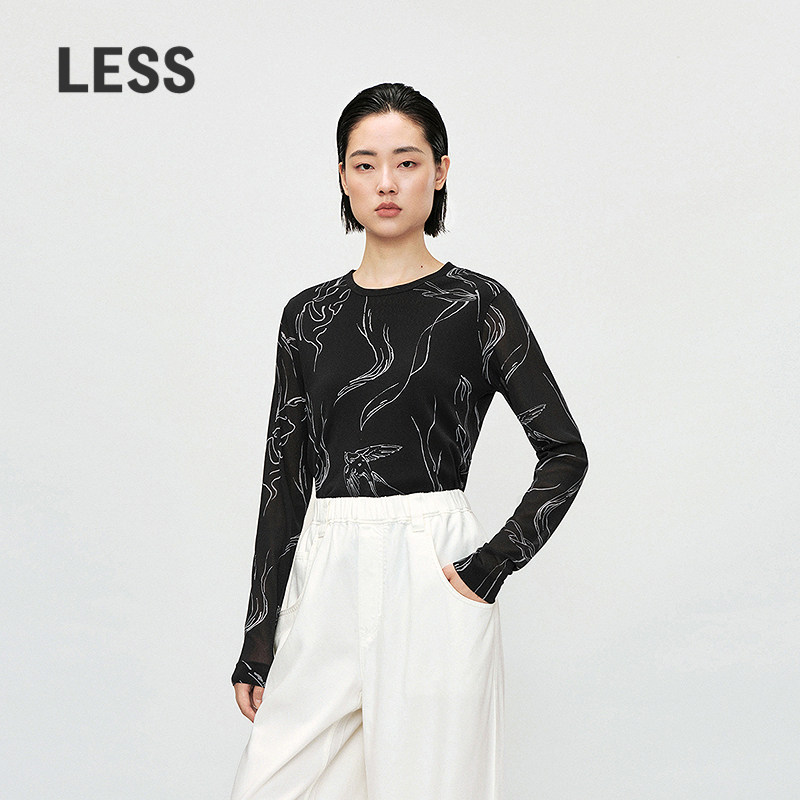 LESS春季修身薄上衣女印花高弹显瘦长袖打底T恤皮肤衣2P211