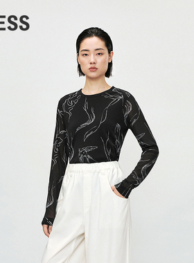 LESS春季修身薄上衣女印花高弹显瘦长袖打底T恤皮肤衣2P211511H