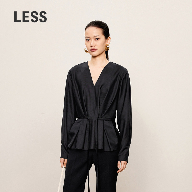 LESS春秋丝羊毛精纺衬衣女V领收腰打褶通勤长袖短款衬衫2O72