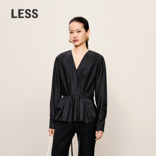 衬衫 2O7212910 短款 LESS春秋丝羊毛精纺衬衣女V领收腰打褶通勤长袖
