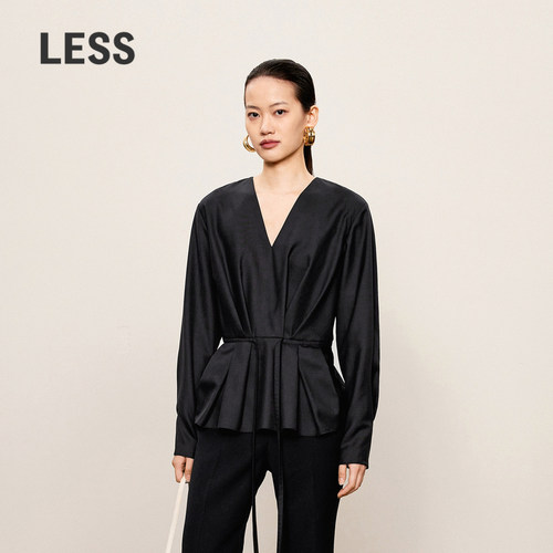 LESS春秋丝羊毛精纺衬衣女V领收腰打褶通勤长袖短款衬衫2O7212910