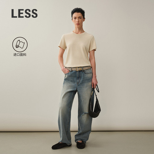 LESS进口全棉破洞直筒牛仔长裤