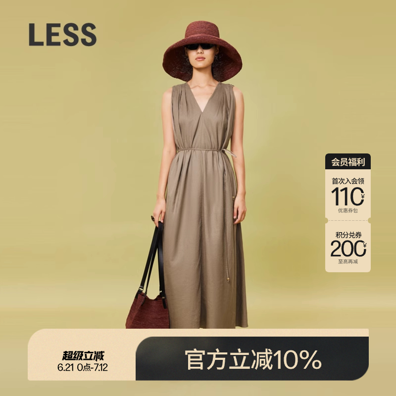 LESS夏季休闲简约无袖天丝连衣裙时尚V领系带通勤长裙2O6G11990