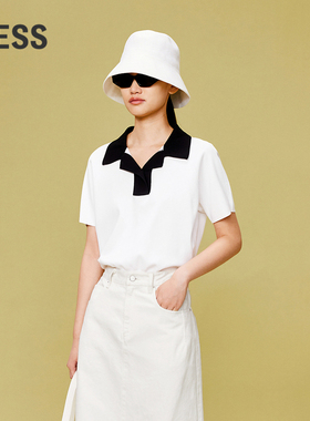 LESS撞色polo领针织衫女翻领加厚通勤宽松正肩短袖上衣2O4314410