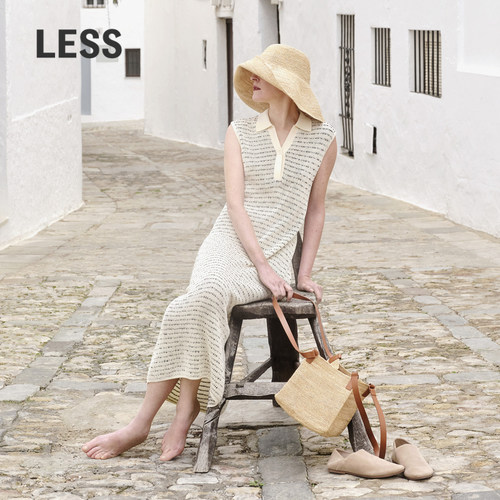 LESS夏季设计感气质衬衫领棉质无袖长裙柔软毛衫连衣裙2O6G11300