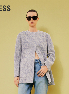 LESS夏无领重工休闲感舒适新中式国风暗斜纹格宽松西装2O3712210