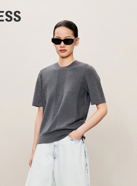 LESS套头短袖针织衫女圆领绵羊毛短款正肩上衣含羊绒2O8311740