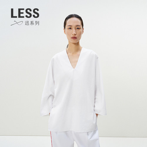 LESS中式宽松V领全棉白衬衣女
