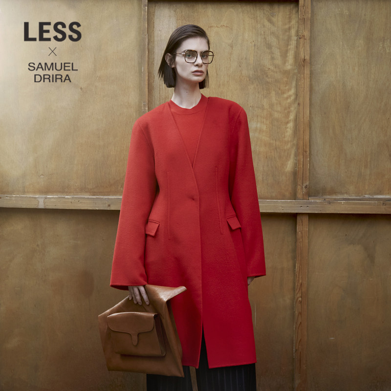 【LESSxSamuel】冬季羊毛大衣女V领中长款红色毛呢外套2