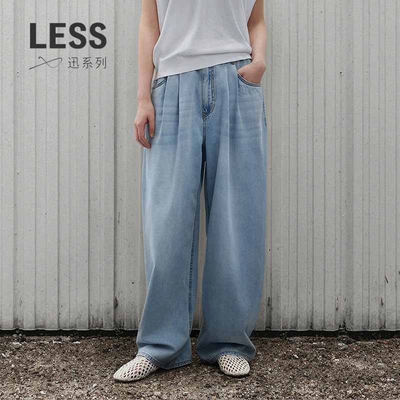 LESS休闲水洗牛仔裤全棉阔腿长裤图片