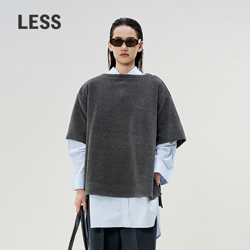 LESS宽松纯色一字领短袖T恤图片