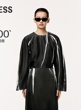 【精工系列】LESS拓印印花衬衫女圆领桑蚕真丝长袖衬衣2O4212220