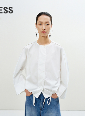 LESS夏圆领抽绳宽松休闲短款通勤连肩袖衬衫上衣女2P4211930